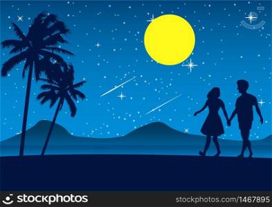 couple walk on beach at night,romantic scene sea nearby palm tree and full moon star,vector illustration