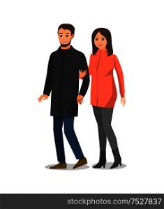 Couple walking and hugging male and female isolated people vector. Man and woman having fun relaxing and embracing each other. Happy pair in love. Couple Walking and Hugging Isolated People Vector