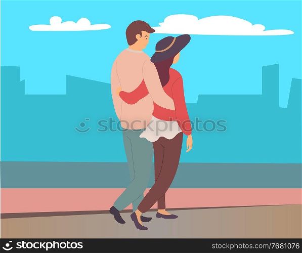Couple walking in a city park. Young guy and girl hugging walking in evening alley, romantic walk. Lovers man and woman met on a date outdoor. Romantic promenade in the open air, active lifestyle. Couple walking in a park. Young guy and girl hugging walking in evening alley, romantic walk