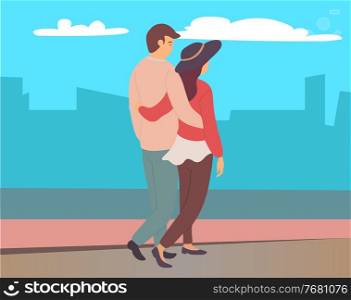 Couple walking in a city park. Young guy and girl hugging walking in evening alley, romantic walk. Lovers man and woman met on a date outdoor. Romantic promenade in the open air, active lifestyle. Couple walking in a park. Young guy and girl hugging walking in evening alley, romantic walk