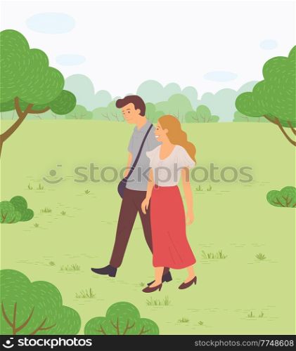 Couple walking in a park. Young guy and girl holding hands walking in summer garden, romantic walk. Lovers man and woman met on a date outdoor. Romantic promenade in the open air, active lifestyle. Couple walking in a park. Young guy and girl holding hands walking in summer garden, romantic walk