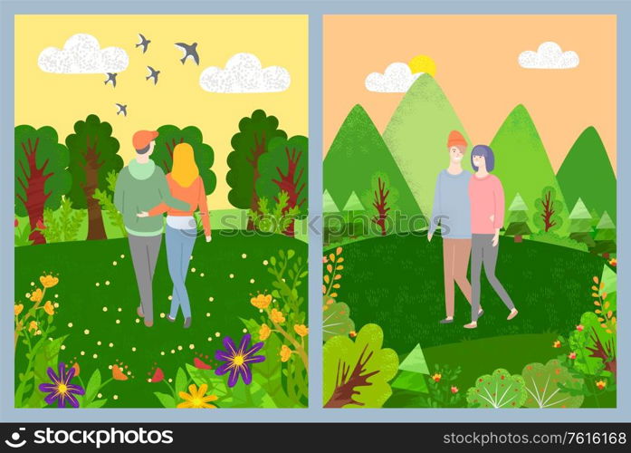 Couple walking in green park, smiling man and woman lovers embracing and holding hands, couple romantic day near trees and flowers, valentine vector. Lovers Leisure in Park, Romantic Day, Green Vector