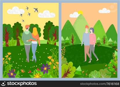 Couple walking in green park, smiling man and woman lovers embracing and holding hands, couple romantic day near trees and flowers, valentine vector. Lovers Leisure in Park, Romantic Day, Green Vector