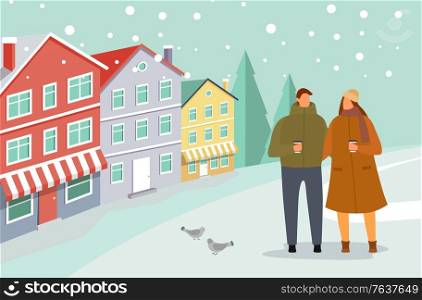 Couple walking in snowy town together vector. Man and woman drinking coffee, love relationship. People in warm clothes, winter illustration. Cityscape on background, snowflakes falling on ground. Couple on Date, Winter Weather with Snowflakes