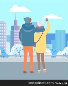 Couple walking in winter urban park. People standing and hugging outdoor in cold weather. Man and woman together. Beautiful snowy landscape of city on background. Vector illustration in flat style. Couple Stand in Winter Park and Look at Landscape