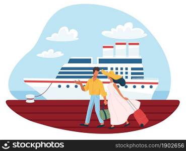 Couple walking in wooden pier passing big passenger ship. Man and woman with luggages getting ready for boarding. Male and female spending summer vacation on cruise liner. Vector in flat style. Man and woman getting ready for cruise boarding