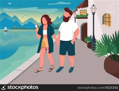 Couple walking on seafront flat color vector illustration. Romantic evening promenade. Boyfriend and girlfriend eating ice cream 2D cartoon characters with seaside resort town on background. Couple walking on seafront flat color vector illustration