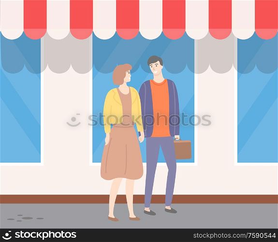 Couple walking outdoors along window showcases in city. Vector man and woman holding hands. Male and female in love, guy with suitcase, lady in dress. Couple Walking Outdoors Along Showcases in City