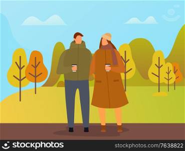 Couple walking together in autumn park illustration. Man and woman on date with cups of coffee in hands. Nature landscape vector, fall trees on background. People in warm clothes, flat style picture. People Walking in Autumn Park, Couple on Date