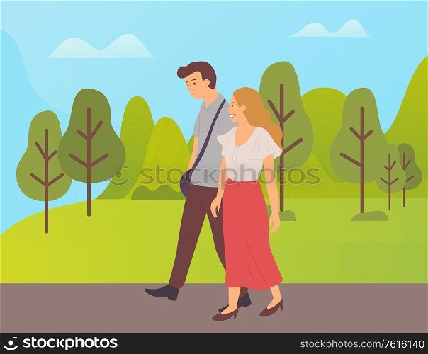 Couple walking together in green summer or spring park, cartoon characters. Vector guy with sack and blonde girl in long red skirt, dating man and woman. Couple Walking Together Cartoon Characters in Park