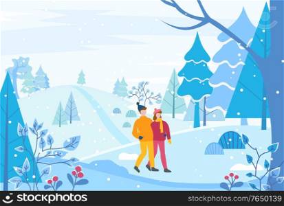 Couple walking together in winter park or forest. People hugging each other, man and woman on romantic date in snowy wood. Person with friend in warm clothes like hat and overcoat. Vector illustration. Couple Walking Through Winter Park or Forest