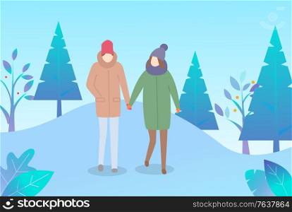 Couple walking together in winter snowy vector park. People holding hands outdoor in cold weather. Man and woman on romantic date. Person stroll with friend in warm clothes like hat and overcoat. Couple Walk Through Winter Park, Cold Weather