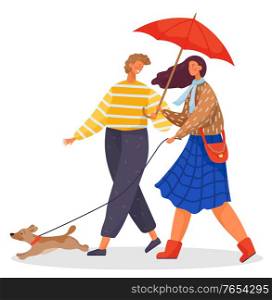 Couple walking with pet, little puppy in park. People on date go under rain. Lady hold dog on leash and umbrella in hands. Man and woman dressed in warn clothes. Vector illustration in flat style. Couple Walk with Dog in Park, Lady with Umbrella