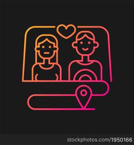 Couple wandering together gradient vector icon for dark theme. Relationship goals. Family holiday vacation. Thin line color symbol. Modern style pictogram. Vector isolated outline drawing. Couple wandering together gradient vector icon for dark theme