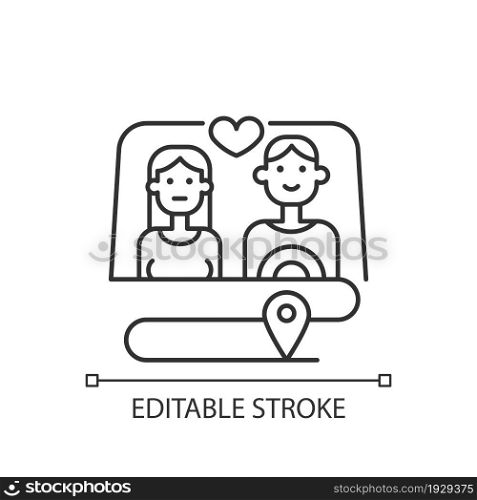 Couple wandering together linear icon. Relation goals. Spend holiday as partners. Family vacation. Thin line customizable illustration. Contour symbol. Vector isolated outline drawing. Editable stroke. Couple wandering together linear icon