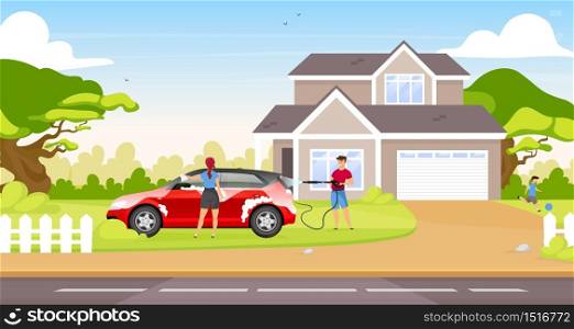 Couple washing hatchback flat color vector illustration. Happy couple and child 2D cartoon characters with country house on background. People cleaning family car together outdoors