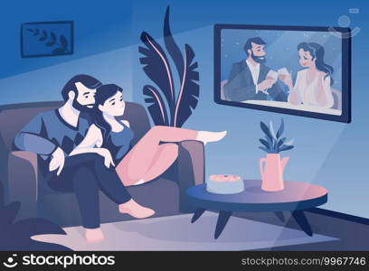 Couple watch TV. Cartoon family sitting on couch and watching television show, smiling husband and wife spend time together. Leisure pastime in evening. Comfortable living room interior. Vector scene. Couple watch TV. Family sitting on couch and watching television show, husband and wife spend time together. Leisure pastime in evening. Comfortable living room interior. Vector scene