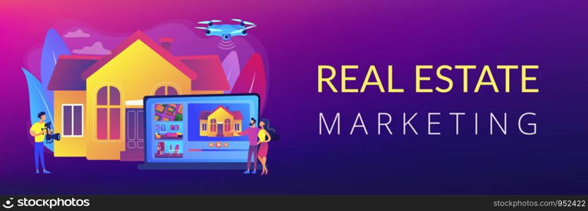 Couple watching house tour. Professional aerial property video. Real estate video tour, real estate marketing, real estate drone video concept. Header or footer banner template with copy space.. Real estate video tour concept banner header