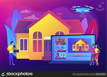Couple watching house tour. Professional aerial property video. Real estate video tour, real estate marketing, real estate drone video concept. Bright vibrant violet vector isolated illustration. Real estate video tour concept vector illustration