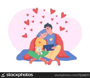 Couple watching movie 2D vector isolated illustration. Cozy pastime. Man and woman cuddle. Boyfriend with girlfriend flat characters on cartoon background. People in love colourful scene. Couple watching movie 2D vector isolated illustration