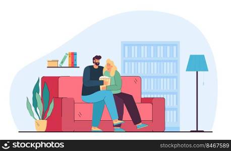 Couple watching movie or TV series with popcorn on cozy sofa. Man and woman sitting on couch in living room together flat vector illustration. Happy family time and leisure, home entertainment concept. Couple watching movie or TV series with popcorn on cozy sofa