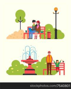 Couple watching movie sitting on bench in city park. Father and daughter walking in autumn season. Fall landscape, fountain and color trees, bin vector. Couple Watching Movie Sit on Bench in City Park