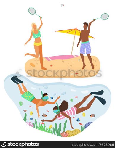 Couple wearing swimming suits and playing badminton on summer beach. Man and woman in swimming goggles snorkeling in turquoise water. Beach and recreation vector. Flat cartoon. Summertime activity. Beach Badminton, Snorkeling, Beach Activities