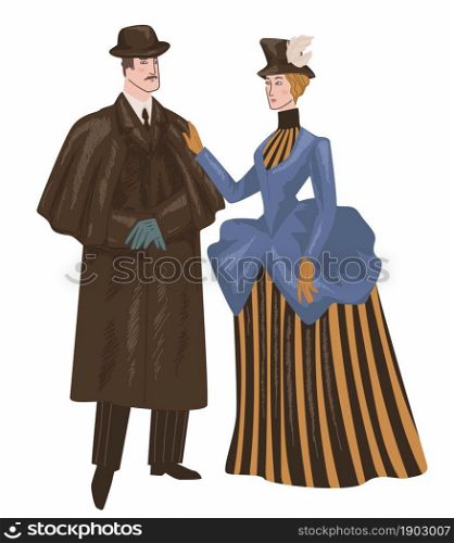 Couple wearing traditional victorian clothes, man and woman walking and talking. Fashion and trends of previous epochs and times. Male wearing cloak, female in dress and hat. Vector in flat style. Man and woman wearing victorian epoch clothes