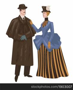 Couple wearing traditional victorian clothes, man and woman walking and talking. Fashion and trends of previous epochs and times. Male wearing cloak, female in dress and hat. Vector in flat style. Man and woman wearing victorian epoch clothes
