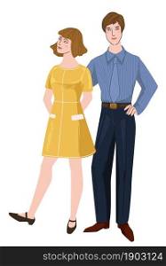 Couple wearing trendy clothes of 1960s years, isolated man and woman in modest apparel of 60s. Male in suit and lady in simple dress. Sixties american party and fashion. Vector in flat style. Man and woman of 60s, couple of 1960s years vector