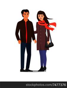Couple wearing warm clothes people isolated vector. Male and female in love, woman and man romantic pair walking together. Married people having fun. Couple Wearing Warm Clothes People Isolated Vector