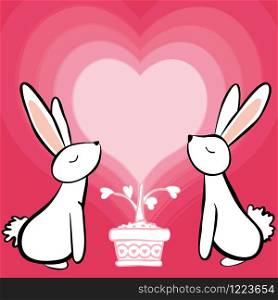 Couple white rabbit feeling in love, Greeting card vector illustration, Valentines Day postcard