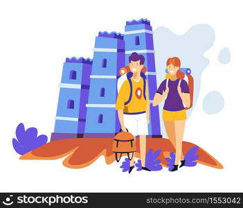 Couple with backpacks tourism sightseeing ancient castle vector architecture and landmark man and woman hiking or walking vacation or holidays traveling journey or trip foreign country exploration. Tourism sightseeing couple with backpacks ancient castle