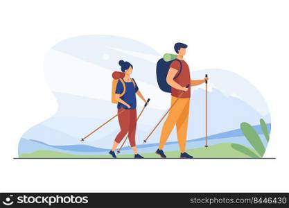 Couple with backpacks walking outdoors. Tourists with Nordic poles hiking in mountains flat vector illustration. Vacation, travel, trekking concept for banner, website design or landing web page