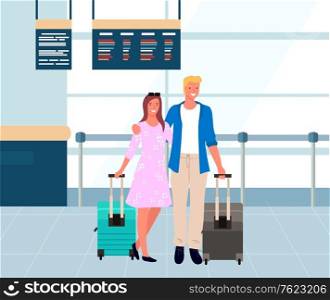 Couple with baggage standing in arrival or waiting hall. Smiling man and woman hugging each other and holding luggage, travelers in airport vector. Family travel. Flat cartoon. Couple Travelers in Airport, Man and Woman Vector