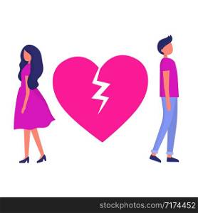 Couple with broken heart. Man and woman quarrel. Troubles in relationships. Vector flat illustration.