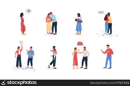 Couple with children flat color vector detailed character set. Young family. Argue and make up. Relationship conflict isolated cartoon illustration for web graphic design and animation collection. Couple with children flat color vector detailed character set
