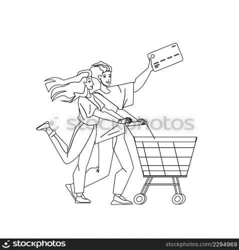 Couple With Credit Card Shopping In Market Black Line Pencil Drawing Vector. Man And Woman With Bank Credit Card Shopping In Store With Supermarket Cart. Characters Shopaholic Making Purchases. Couple With Credit Card Shopping In Market Vector