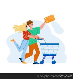 Couple With Credit Card Shopping In Market Vector. Man And Woman With Bank Credit Card Shopping In Store With Supermarket Cart. Characters Shopaholic Making Purchases Flat Cartoon Illustration. Couple With Credit Card Shopping In Market Vector