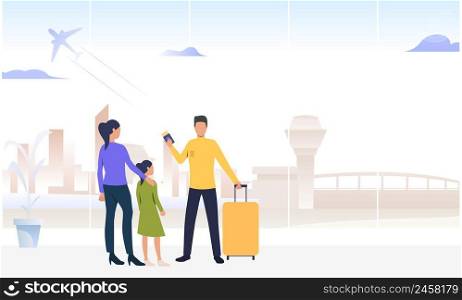 Couple with daughter standing in airport. Luggage, tickets, boarding, passengers. Family travelling concept. Vector illustration can be used for topics like vacation, trip, journey