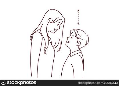 Couple with different height look in eyes. Tall woman and short man contrasting height. Relationship problem concept. Vector illustration. . Couple with different height 