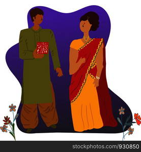 Couple with diwali gifts on white. Man holding a red box for women, traditional indian dress. Vector illustration.. Couple with diwali gifts on white.