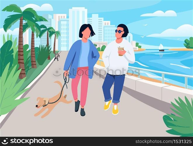 Couple with dog walking along seafront flat color vector illustration. Summer recreation in tropical resort town. Boyfriend and girlfriend 2D cartoon characters with waterfront on background . ZIP file contains: EPS, JPG. If you are interested in custom design or want to make some adjustments to purchase the product, don&rsquo;t hesitate to contact us! bsd@bsdartfactory.com. Couple with dog walking on seafront