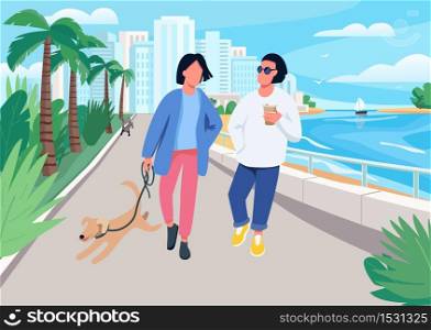Couple with dog walking along seafront flat color vector illustration. Summer recreation in tropical resort town. Boyfriend and girlfriend 2D cartoon characters with waterfront on background . ZIP file contains: EPS, JPG. If you are interested in custom design or want to make some adjustments to purchase the product, don&rsquo;t hesitate to contact us! bsd@bsdartfactory.com. Couple with dog walking on seafront