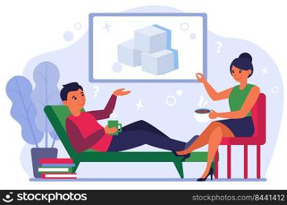 Couple with hot drinks discussing sugar. Sweet coffee, mug, cubes flat vector illustration. Morning, healthy diet concept for banner, website design or landing web page