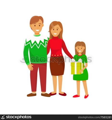 Couple with kid family on winter holiday gathered together vector. Celebration of Christmas, girl holding present in box surprise for event gift with bow. Couple with Kid Family on Winter Holiday Together