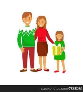 Couple with kid family on winter holiday gathered together vector. Celebration of Christmas, girl holding present in box surprise for event gift with bow. Couple with Kid Family on Winter Holiday Together