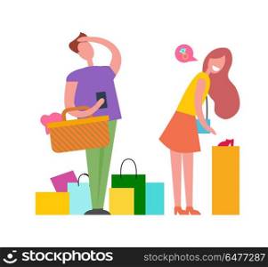 Couple with Shopping Bags Vector Illustration. Man and woman with multicolored shopping bags. Vector illustration is isolated on white background. Female is dreaming about wedding ring