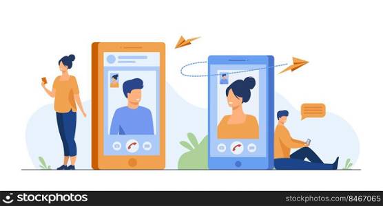 Couple with smartphones talking through video call. Man and woman using their cellphones for video chat. Vector illustration for communication, love, app, dating concept