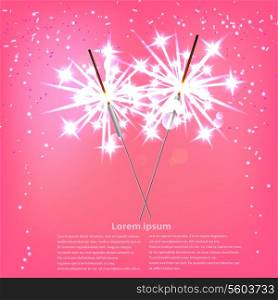 Couple with sparklers on a pink background. Vector illustration.